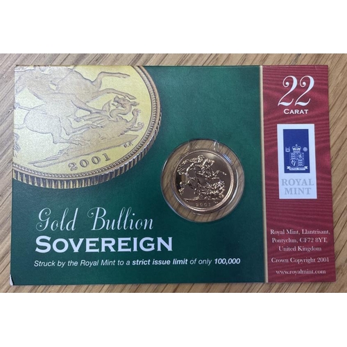 326 - Investment Gold lot - documents required. 2001 sovereign uncirculated on Royal Mint card. (Y)