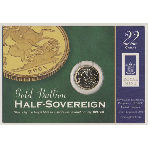 328 - Investment Gold lot - documents required. 2001 half sovereign uncirculated on Royal Mint card. (Y)