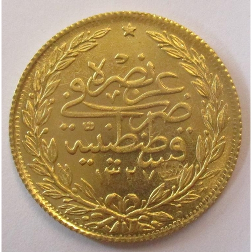 430 - Investment Gold lot - documents required. Turkey. 100 Kurush 1912 very fine. (Y)