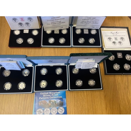 445 - Collection with silver proof FDC £1 cased sets of 4 including 1984-87, 1994-97, 99-2002, 04-07 and b... 