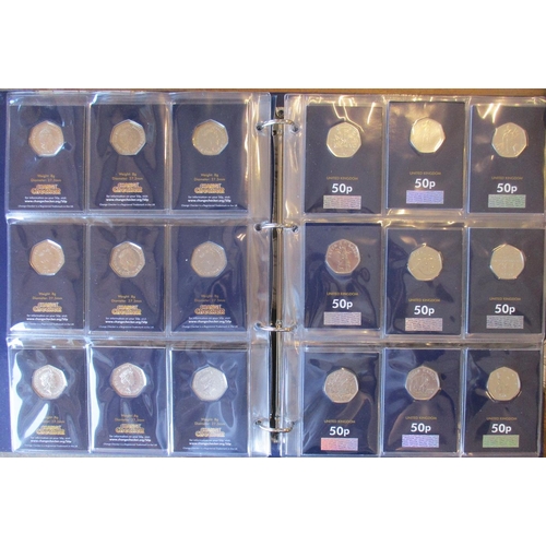 446 - Collection of uncirculated CuNi £5, £2, 50p and 10p on Change Checker cards in 2 albums, includes Be... 