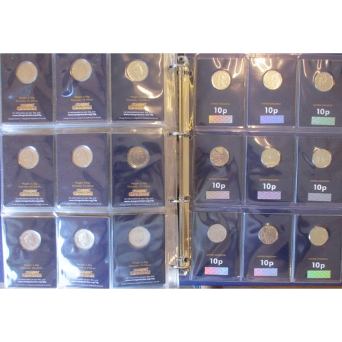 446 - Collection of uncirculated CuNi £5, £2, 50p and 10p on Change Checker cards in 2 albums, includes Be... 