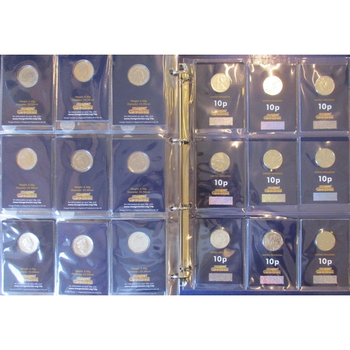 446 - Collection of uncirculated CuNi £5, £2, 50p and 10p on Change Checker cards in 2 albums, includes Be... 