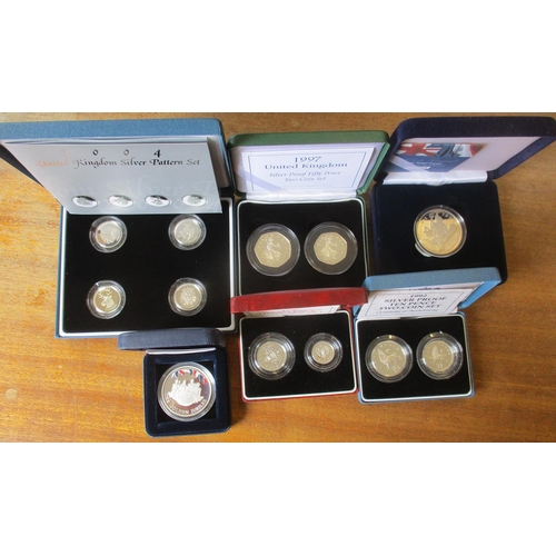 447 - Range of boxed silver proofs FDC, with £5 2004 Entente Cordiale, £1 2004 Pattern set of 4, 50p 1997 ... 