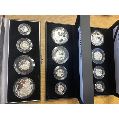 449 - 2007, 2008 and 2009 Britannia silver proof FDC cased sets of 4 with £2, £1, 50p and 20p. Qty 3 sets ... 