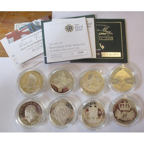 455 - Range of silver proof piedfort £5 FDC, with 2000 Queen Mother, 2004 Entente Cordial, 2005 Nelson, Tr... 