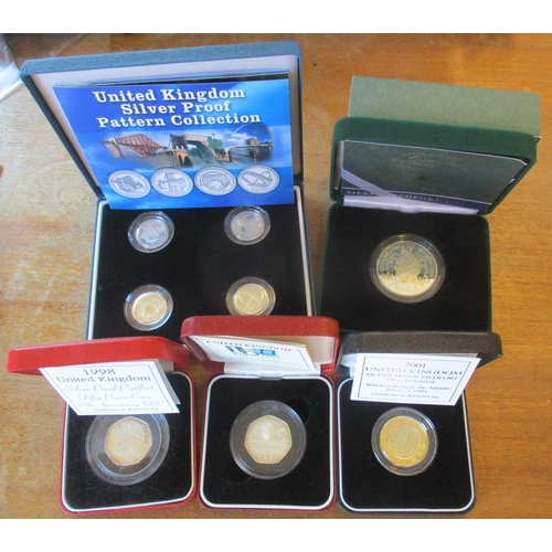 456 - Collection of boxed silver piedfort proofs FDC, with £5 2000 £2 2001, 50p 1998 and 2000, plus 2003 P... 