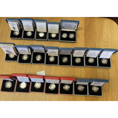 457 - Range of boxed silver proofs FDC including £1 with 1983, 88, 89, 1990, 92, 93 (3), 94, 1999, 2000, 0... 