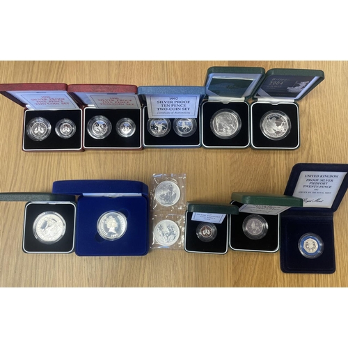 466 - Collection with boxed silver proofs FDC including 5p twin set 1990 (2), 10p twin set 92, £2 2003, 04... 