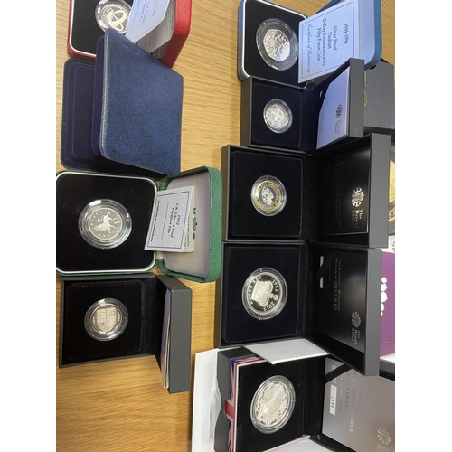 472 - Range of boxed silver piedfort proofs FDC with £1 2007, 2008, 50p 1994, 20p 1982, 10p 1992, silver p... 