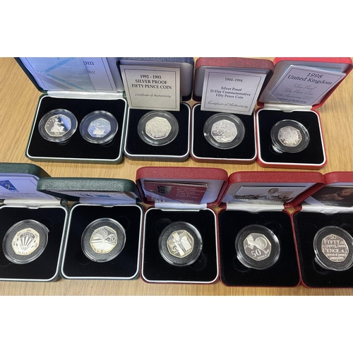 474 - Collection of boxed silver 50p proofs FDC with 1993, 94, 1997 twin set, 98, 2000, 2003, 2004 and 200... 