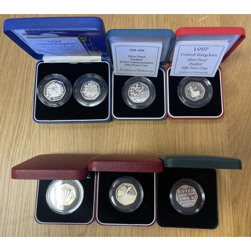 475 - Collection of boxed silver 50p piedfort proofs FDC with 1993 and 1998 EEC twin set, 1994, 97, 98, 20... 