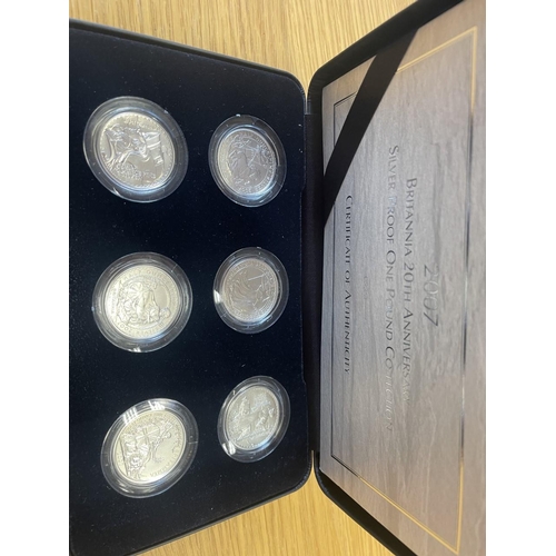 480 - 2007 20TH anniversary Britannia silver £1 proof FDC cased set of 6. (R)