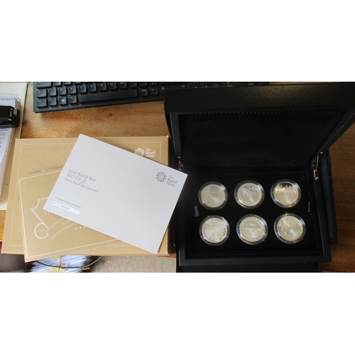 486 - 2017 WW1 cased silver proof £5 set of 6 FDC, with Royal Mint certificate. (T)