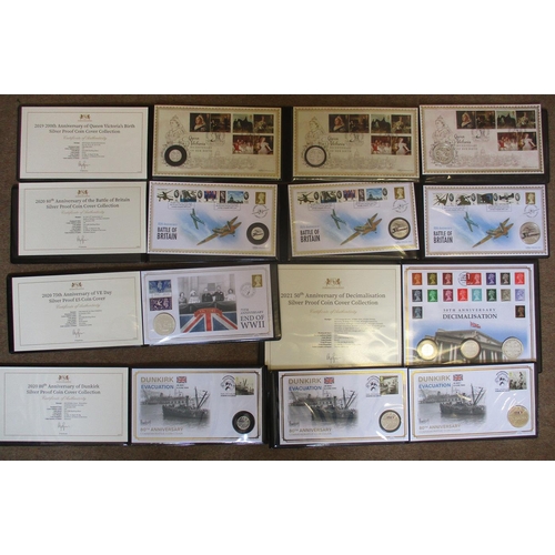 496 - Range of Harrington & Byrne silver proof coin covers FDC, with Alderney 2019 Victoria set of 3 (£5, ... 