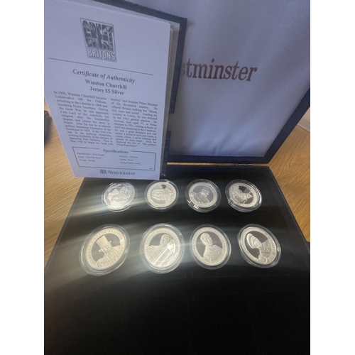 518 - Channel Is. Great Britons silver proof £5 FDC encapsulated including Alderney 2006 William Shakespea... 