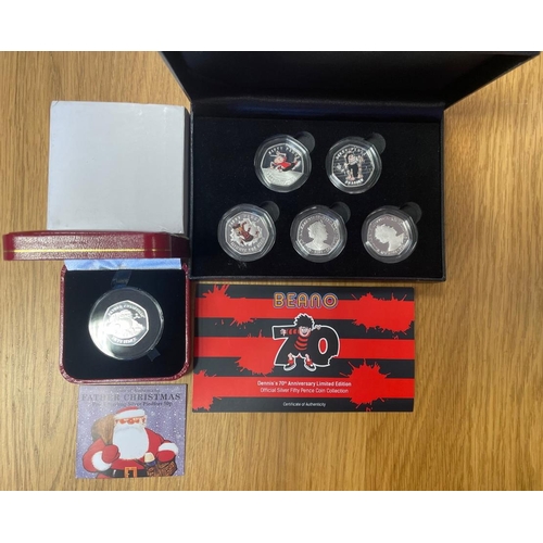 526 - Collection with Gibraltar 2018 Father Christmas silver proof piedfort 50p, silver proof sets Beatrix... 