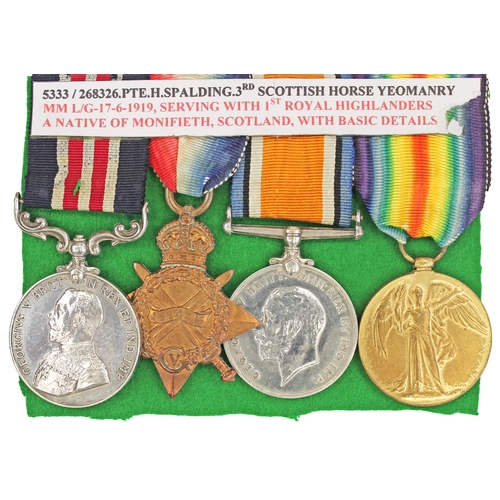 59 - WW1 Military Medal to 268326 Pte H. Spalding 1/R. Highrs and 1914-15 Star trio to 5333 Pte H.K. Spal... 