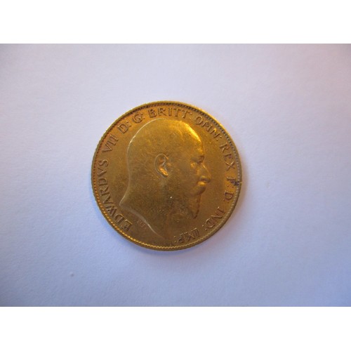 264 - Investment Gold lot - documents required. 1908 half sovereign fine. (Y)