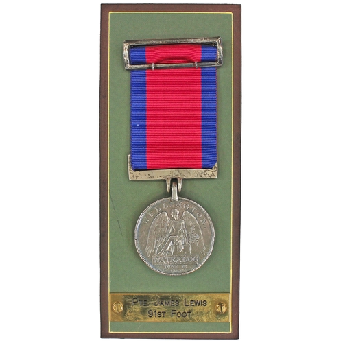 14 - 1815 Waterloo Medal to James Lewis 1st Batt 91st Reg Foot, replacement clip and straight bar suspend... 