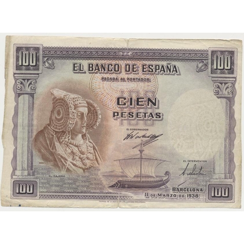 191 - Spain. Banco de Espana, 1938 (11 Mar) 100 pesetas, Dame of Elche, fair. (Krause 90) (See photo) (N)