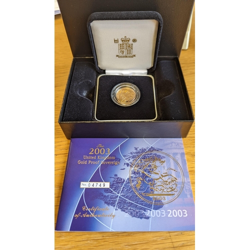 338 - Investment Gold lot – documents required. 2003 Sovereign boxed proof FDC. (Y)