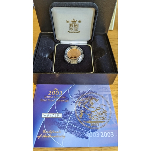 338 - Investment Gold lot – documents required. 2003 Sovereign boxed proof FDC. (Y)