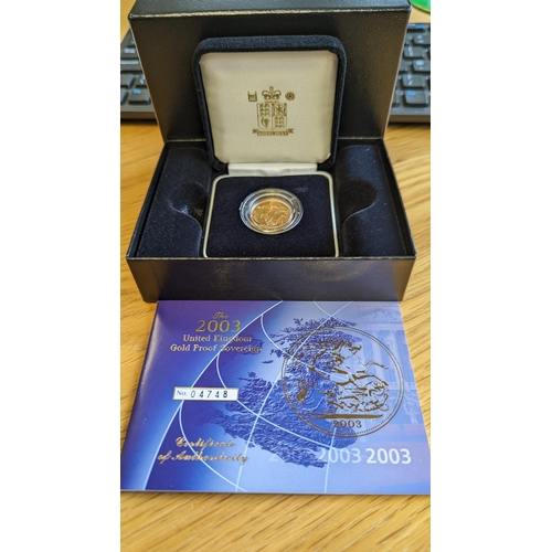 339 - Investment Gold lot – documents required. 2003 Sovereign boxed proof FDC. (Y)