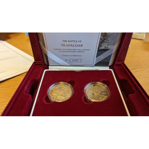 352 - Investment Gold Lot - Documents Required. 2005 £5 Nelson-Trafalgar gold proof boxed twin set FDC. (½... 