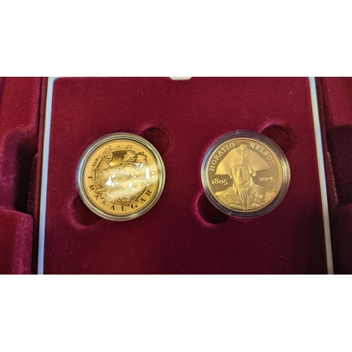 352 - Investment Gold Lot - Documents Required. 2005 £5 Nelson-Trafalgar gold proof boxed twin set FDC. (½... 