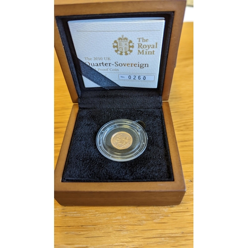 383 - Investment Gold Lot - Documents Required. 2010 Quarter-sovereign uncirculated in Royal Mint box. Plu... 