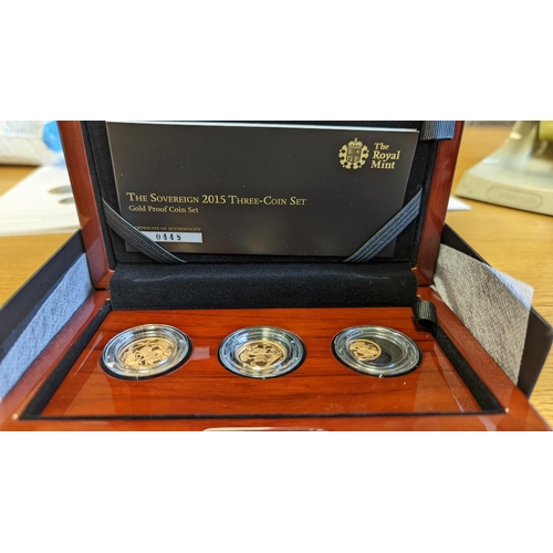 400 - Investment Gold lot – documents required. 2015 Royal Mint Gold proof cased set of 3. (sovereign, hal... 