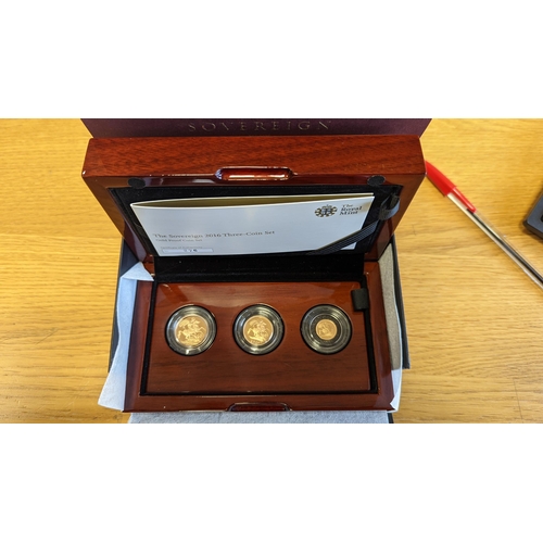 404 - Investment Gold lot – documents required. 2016 Royal Mint Gold proof cased set of 3. (sovereign, hal... 