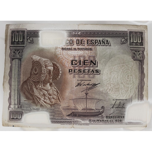 191 - Spain. Banco de Espana, 1938 (11 Mar) 100 pesetas, Dame of Elche, fair. (Krause 90) (See photo) (N)