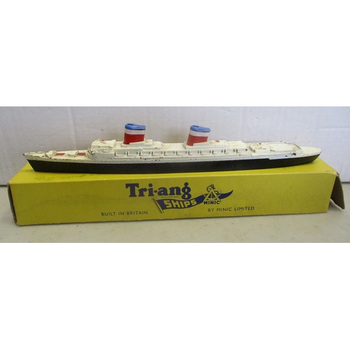 409 - Triang Minic. Waterline Models 1/1200 ship and harbour collection including boxed RMS Queen Elizabet... 