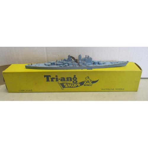 409 - Triang Minic. Waterline Models 1/1200 ship and harbour collection including boxed RMS Queen Elizabet... 