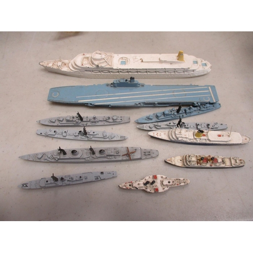 409 - Triang Minic. Waterline Models 1/1200 ship and harbour collection including boxed RMS Queen Elizabet... 