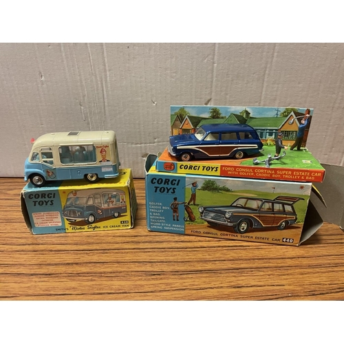 472 - Corgi. Range with machinery carrier No 27, Ford Consul Cortina super estate car No 440 and Smith's M... 