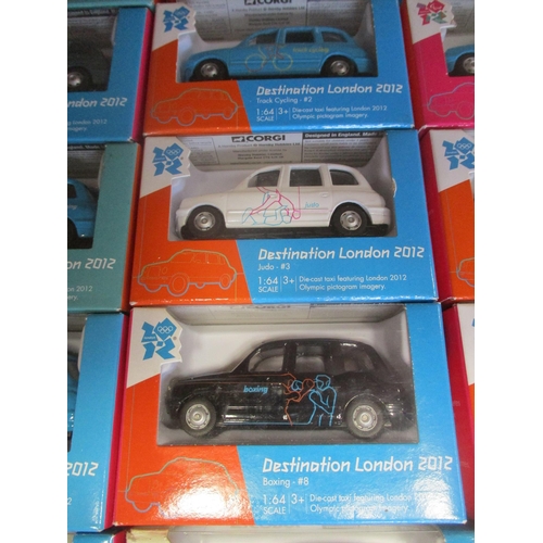 473 - Corgi. Destination London 2012 Taxi collection, mainly mint in nearly excellent to mint boxes. Qty 6... 