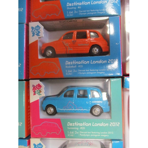 476 - Corgi. Destination London 2012 Taxi collection, mainly mint in nearly excellent to mint boxes. Qty 6... 