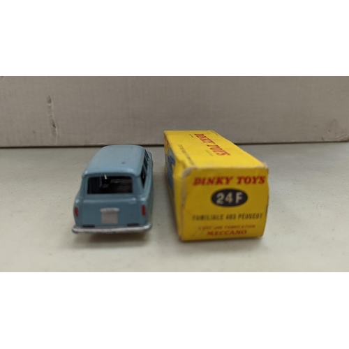 483 - Late 1950s French Dinky, Peugeot 403-U Familiale No. 24-F, sky blue body, plated convex hubs, Citroe... 