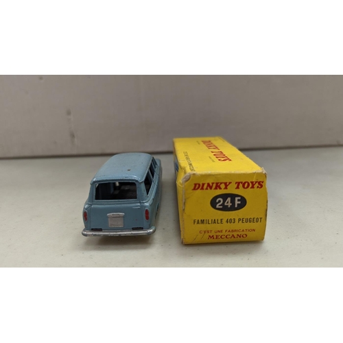 483 - Late 1950s French Dinky, Peugeot 403-U Familiale No. 24-F, sky blue body, plated convex hubs, Citroe... 