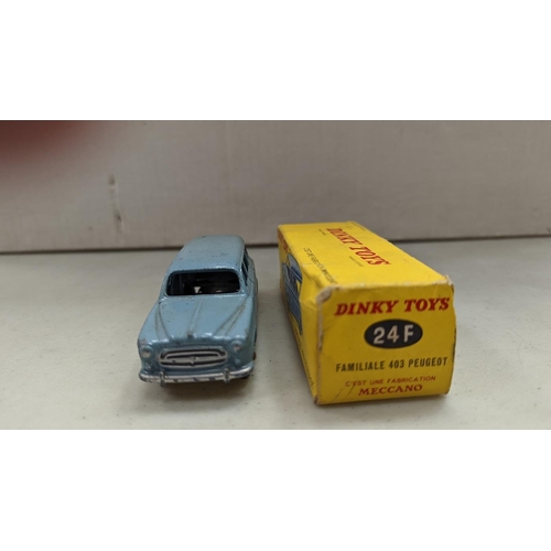 483 - Late 1950s French Dinky, Peugeot 403-U Familiale No. 24-F, sky blue body, plated convex hubs, Citroe... 