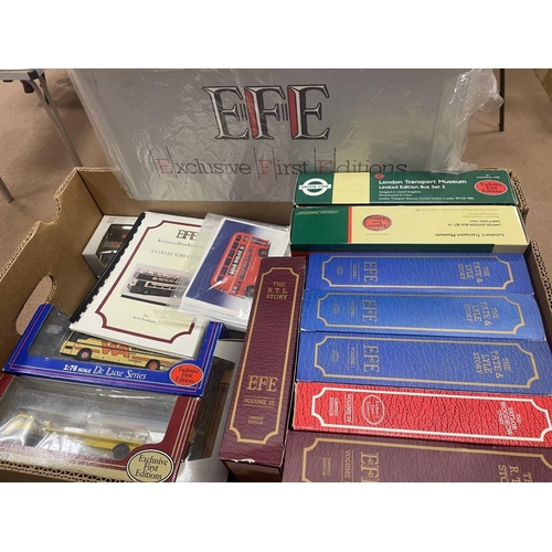 486 - EFE. Collection boxed buses plus a shop sign, collectors' book and postcards in 11 trays generally g... 