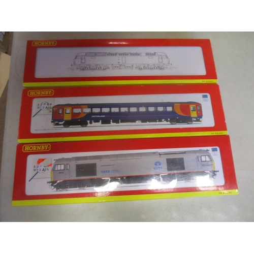 638 - Hornby. Locomotive collection with 2 car Train Packs Nos R2108 & R2307, DB silver 60099 Tata Steel N... 