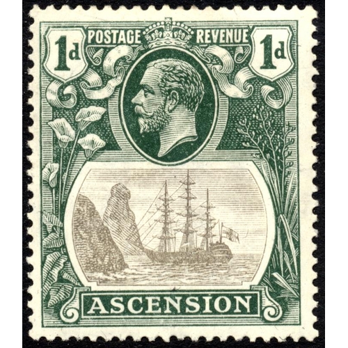 131 - Ascension. Three varieties on stockcard with 1924-33 1d “broken mainmast” M (SG11a) Cat. £140 & 2d “... 