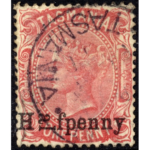 132 - Tasmania. 1889 ½d on 1d scarlet with 'al' in half prtd sideways FU. (SG 167a) Cat £2000. (See photo)... 