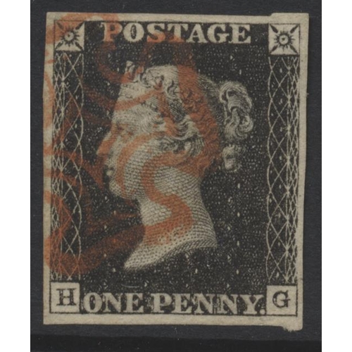 323 - GB. 1840 1d blacks, 13 FU examples all four marg, from plates 1a to 10, 10 having red MC’s, plus 2d ... 