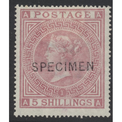 344 - GB. 1867-83 Hi vals range with “SPECIMEN” ovpts incl 5/- pl.1 type 6, 5/- pl.2 type 9, 10/- wmk MC o... 