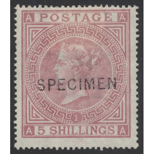 344 - GB. 1867-83 Hi vals range with “SPECIMEN” ovpts incl 5/- pl.1 type 6, 5/- pl.2 type 9, 10/- wmk MC o... 